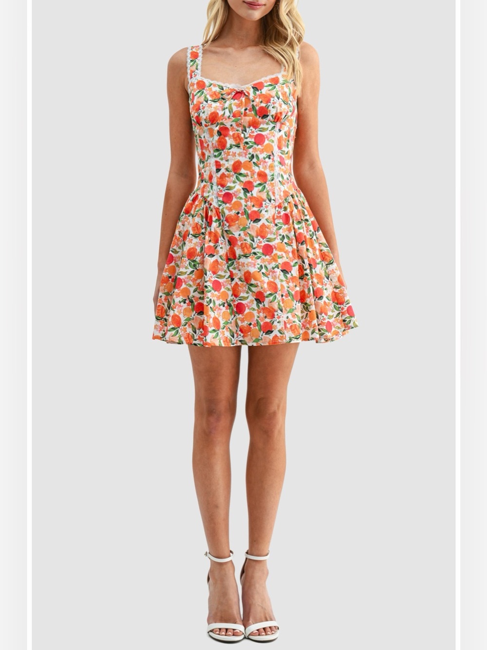 All In Favor Tangerine Print Lace Detail Fit & Flare Cotton Minidress